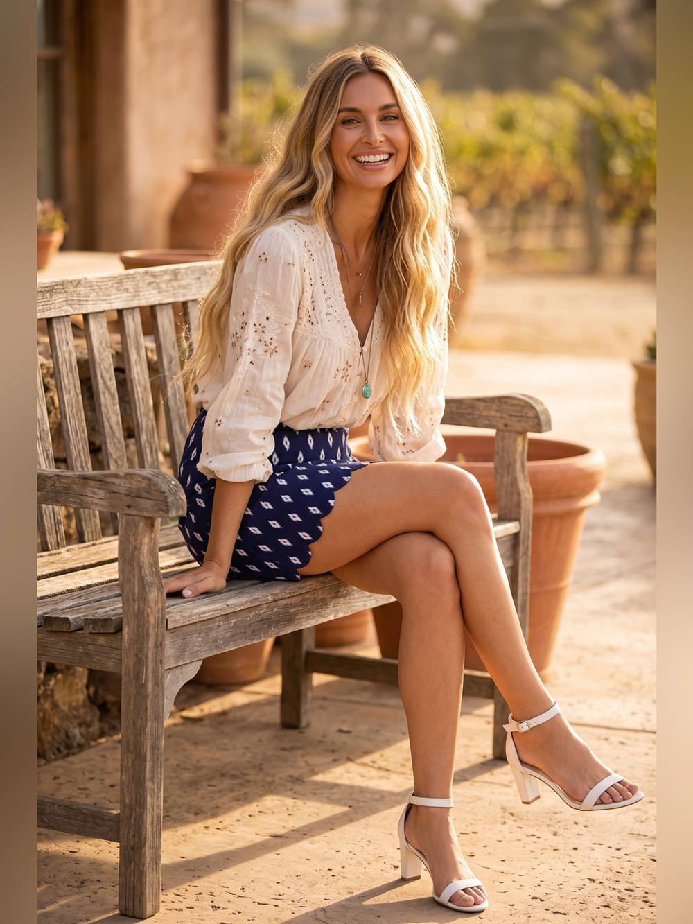 J. Crew Navy Scallop-Hem sidewalk Skirt with White Ikat Print